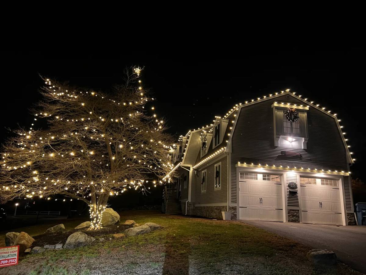 Holiday-lit tree beside a garage outlined in warm white lights